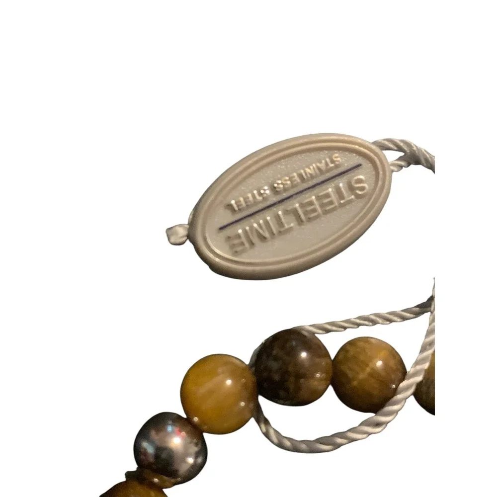 NWT Steeltime Tiger Eye and Stainless Steel Beaded Stretch Bracelet Brown Silver